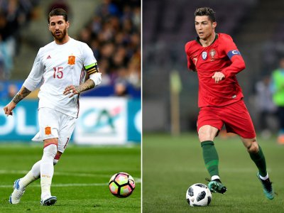 Photomontage du 13 juin 2018 montrant deux coéquipiers du Real Madrid, l'Espagnol Sergio Ramos (g) et le Portugais Cristiano Ronaldo, opposés lors de leur entrée en lice dans le Mondial-2018 - Franck FIFE, Fabrice COFFRINI [AFP]