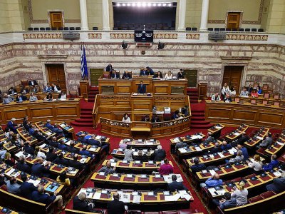 Le chef du parti conservateur grec de la Nouvelle-Démocratie, Kyriakos Mitsotakis devant le Parlement à Athènes, le 14 juin 2018 - ANGELOS TZORTZINIS [AFP]