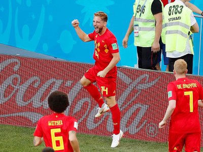 Le Belge Dries Mertens exulte après avoir ouvert le score face au Panama lors du Mondial, le 18 juin 2018 à Sotchi - Odd ANDERSEN [AFP]
