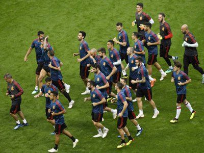 L'équipe d'Espagne, à l'entraînement à Kazan le 19 juin 2018, va chercher à décrocher sa première victoire au Mondial - SAEED KHAN [AFP]