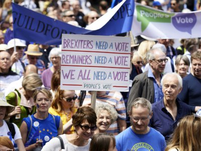 Des Britanniques manifestent le 23 juin 2018 à Londres pour demander un vote sur les conditions finales du retrait du Royaume-Uni de l'UE - Niklas HALLE'N [AFP]