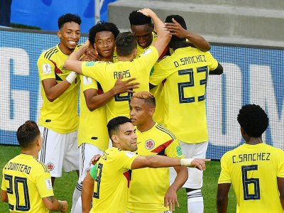La joie des Colombiens qui viennent de marquer contre le Sénégal, le 28 juin 2018 à Samara - Fabrice COFFRINI [AFP]