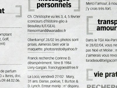 L'affaire avait été marquée par la rocambolesque correspondance, via la rubrique "Messages personnels" du quotidien Libération, ici dans l'édition du 3 mars 2004, entre "Mon gros loup" (AZF) et "Suzy" (police) afin d'organiser la remise d'une rançon - [AFP/Archives]