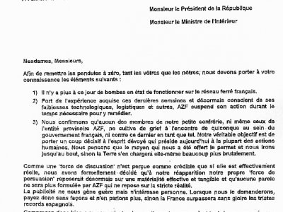 Reproduction faite en mars 2004 de la lettre du groupe "AZF" parvenue au ministère de l'Intérieur et annonçant la suspension de son action - DSK [AFP/Archives]