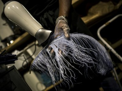 Le plumassier Eric Charles-Donatien travaille sur une création dans son atelier à Paris, le 20 juin 2018 - Christophe ARCHAMBAULT [AFP/Archives]