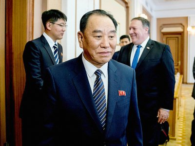 Kim Yong Chol, le bras droit du leader nord-coréen, et au second plan à droite, Mike Pompeo, le secrétaire d'Etat américain, le 6 juuillet 2018 à Pyongyang - Andrew Harnik [POOL/AFP]