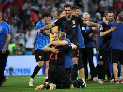 Les joueurs croates jubilent lors de leur qualification en demi finale du Mondial le 7 juillet 2018 à Sotchi - Kirill KUDRYAVTSEV [AFP]