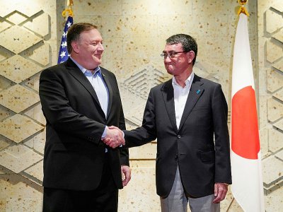 Le secrétaire d'Etat américain Mike Pompeo et le ministre des affaires étrangères japonais Taro Kono, à Tokyo le 8 juillet 2018 - Andrew Harnik [POOL/AFP]