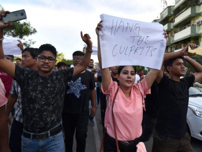 Manifestation à Karbi Anglong, en Inde, demandant la punition des responsable du lynchage à mort de deux Indiens, le 10 juin 2018 - Biju BORO [AFP]