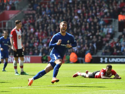 Le milieu belge de Chelsea Eden Hazard exulte après avoir égalisé 2-2 contre Southampton, le 14 avril 2018 à Southampton - Glyn KIRK [AFP/Archives]
