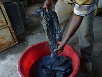 Newton Owino, chimiste industriel, préapare des peaux dans sa tannerie de cuir de poisson, le 11 juin 2018 à Kisumu, au Kenya - TONY KARUMBA [AFP]