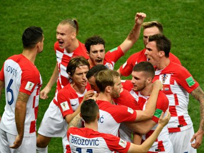 La Croatie célèbre l'égalisation face à la France grace au but d'Ivan Perisic en finale du Mondial à Moscou, le 15 juillet 2018 - Alexander NEMENOV [AFP]
