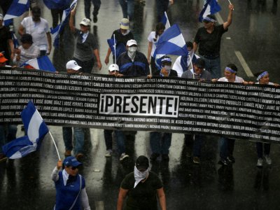 Des manifestants de l'opposition lors d'une marche à Managua, le 12 juillet 2018 au Nicaragua - Marvin RECINOS [AFP]