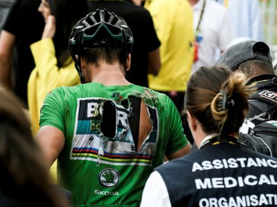 Le Slovaque Peter Sagan à l'arrivée de la 17e étape du Tour de France au cours de laquelle il a chuté, le 25 juillet 2018 à Saint-Lary-Soulan - Philippe LOPEZ [AFP]