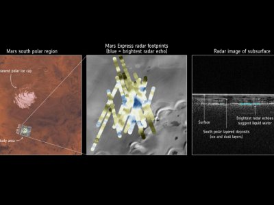 Situé sous une couche de glace martienne, le lac fait environ 20 km de largeur et laisse envisager la présence de davantage d'eau sur Mars (photo transmise par l'agence spatiale européenne) - Handout [ESA/AFP]