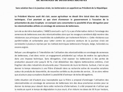 Communiqué de la Confédération générale des planteurs de betteraves du 30 juillet 2018. - cgb-France