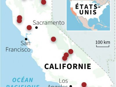 Carte de la Californie localisant les feux de forêt actifs au 30 juillet - Li TONGTONG [AFP]