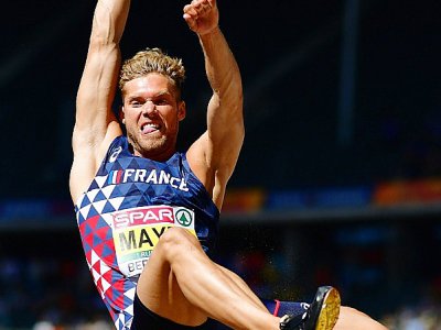 Kevin Mayer lors du saut en longueur aux Championnats d'athlétisme, à Berlin, le 7 août 2018 - Andrej ISAKOVIC [AFP/Archives]