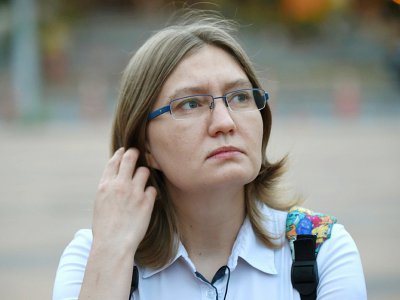 La cousine d'Oleg Sentsov, Natalia Kaplan, à Kiev en Ukraine, le 16 août 2018 - SERGEI SUPINSKY [AFP/Archives]