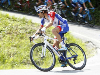Le coureur français Thibaut Pinot dans l'ascension vers Cervinia, terme de la 20e étape du Tour d'Italie, le 26 mai 2018 - LUK BENIES [AFP/Archives]