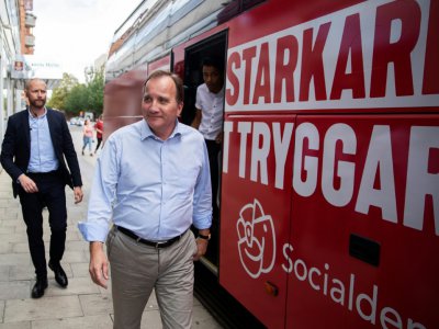 Le Premier ministre suédois Stefan Löfven, social-démocrate, en campagne à Uppsala en Suède, le 18 août 2018 - Nils Petter Nilsson/TT [TT NEWS AGENCY/AFP]