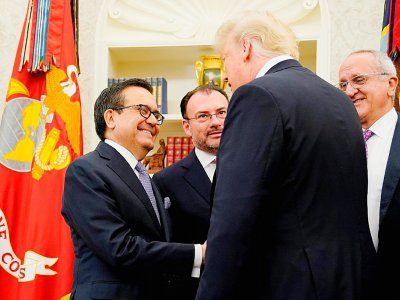Le président américain Donald Trump serre la main du ministre de l'Economie mexicain Ildefonso Guajardo Villarreal à Washington DC, le 27 août 2018 - MANDEL NGAN [AFP]