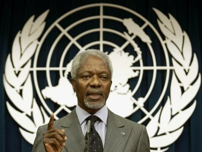 L'ancien secrétaire général des Nations unies Kifi Annan, lors d'une conférence de presse le 29 mars 2009 à New York. - Timothy A. CLARY [AFP/Archives]
