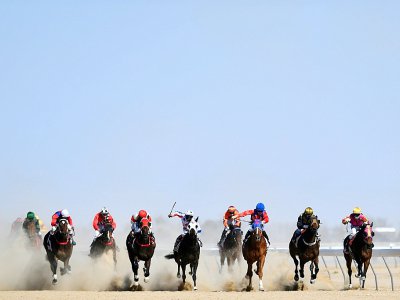 Des chevaux et leurs cavaliers s'affrontent dans l'une des courses de Birdsville, célèbres dans toute l'Australie, le 31 août 2018 - Saeed KHAN [AFP]