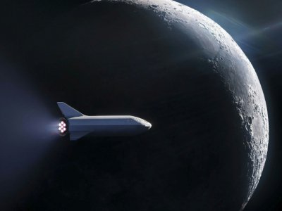 Un dessin de la future navette spatiale de SpaceX, en orbite autour de la Lune, tweeté par SpaceX le 13 septembre 2018 - HO [SPACEX/AFP]