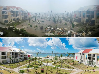 Hôtel Mercure à Marigot sur l'île de Saint-Martin, après le passage d'Irma le 6 septembre 2017 (en haut) et le 28 février 2018 (en bas) pendant la recontruction - LIONEL CHAMOISEAU [AFP/Archives]