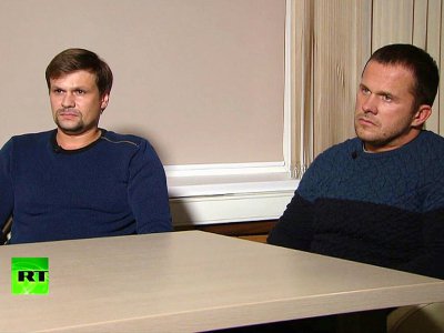 Capture d'écran réalisée le 13 septembre 2018 d'une interview télévisée d'Alexandre Petrov et Rouslan Bochirov sur Russia Today (RT) - HO [RUSSIA TODAY/AFP/Archives]