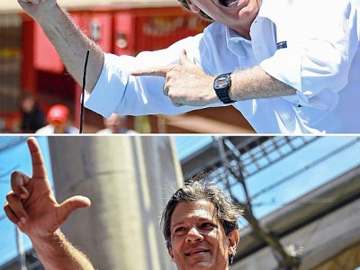 Les candidats à la présidentielle brésilienne Jair Bolsonaro (haut), à Brasilia le 5 septembre 2018, et Fernando Haddad (bas) à Sao Paulo le 19 septembre 2018 - EVARISTO SA, Nelson ALMEIDA [AFP]