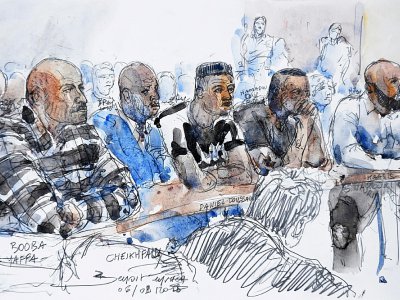 Croquis d'audience des rappeurs Booba (g) et Kaaris (d) au tribunal de Créteil, le 6 septembre 2018 - Benoit PEYRUCQ [AFP/Archives]