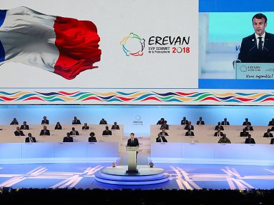 Le président français Emmanuel Macron s'exprime lors du XVIIe sommet de la Francophonie à Erevan le 11 octobre 2018. - ludovic MARIN [AFP]