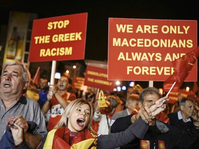 Manifestation en faveur du boycott du référendum sur le changement de nom de la Macédoine, le 30 septembre 2018 à Skopje - Armend NIMANI [AFP]