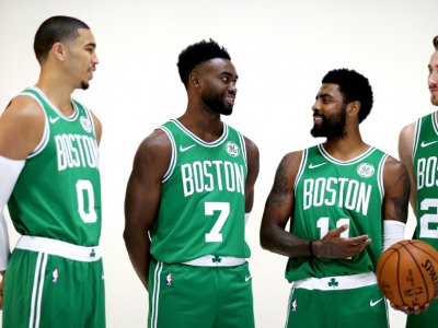 Les Celtics Jayson Tatum, Jaylen Brown, Kyrie Irving et Gordon Hayward, lors de la journée médias, le 24 septembre 2018 à Canton, dans le Massachusetts - Maddie Meyer [Getty/AFP/Archives]