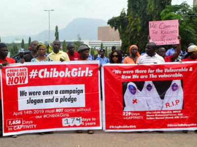 Les membres de "Bring Back Our Girls" participent le 16 octobre 2018 à Abuja à une manifestation en faveur des trois femmes humanitaires enlevéees par Boko Haram - Mudashiru ATANDA [AFP]