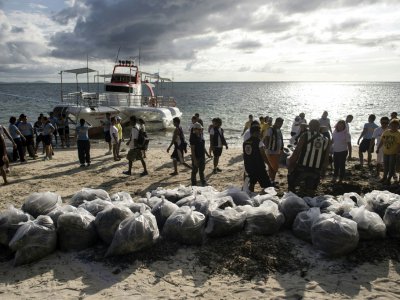 Une opération de nettoyage de la plage de Bulabog sur l'île de Boracay aux Philippines, le 26 avril 2018 - NOEL CELIS [AFP/Archives]