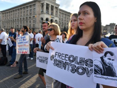 Rassemblement en soutien à Oleg Sentsov en grève de la faim, à Kiev en Ukraine, le 13 juillet 2018 - Sergei SUPINSKY [AFP/Archives]