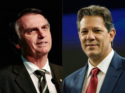 Ce montage réalisé le 8 octobre 2018 montre les deux candidats au lice au second tour de la présidentielle brésilienne: Jair Bolsonaro (à gauche) et Fernando Haddad (à droite) - Miguel SCHINCARIOL, Daniel RAMALHO [AFP]