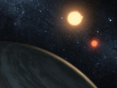 Un dessin réalisé par la Nasa de la planète Kepler-16b, qui tourne autour de deux étoiles - NASA/JPL-Caltech/T. Pyle [NASA/Ames/JPL-Caltech/AFP]