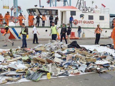 Des débris repêchés dans la mer, après l'accident de l'avion de Lion Air, dans le port de Jakarta, le 30 octobre 2018 - ADEK BERRY [AFP]