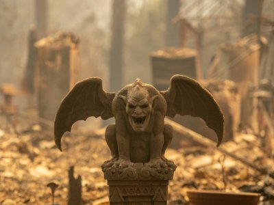 Une gargouille a survécu à l'incendie qui a réduit une résidence en cendres, le 9 novembre 2018, à Paradise, en Californie. - Josh Edelson [AFP]