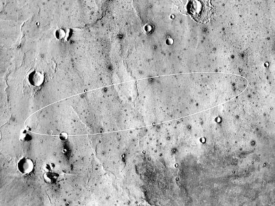 Photo non datée fournie par la Nasa le 23 novembre 2018 et prise par la sonde spatiale Mars Odyssey montrant le site d'atterrissage d'InSight sur la plaine de l'Elysée sur Mars - HO [NASA/JPL-Caltech/ASU/AFP]