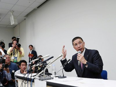 Le PDG de Nissan Hiroto Saikawa lors d'une conférence de presse, le 19 novembre 2018 à Tokyo après l'arrestation de Carlos Ghosn pour des malversations financières présumées - Behrouz MEHRI [AFP/Archives]