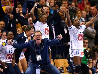 Le sélectionneur des Bleues, Olivier Krumbholz, lors de leur victoire en finale du Championnat du monde de handball, à Hambourg, le 17 décembre 2017 - Patrik STOLLARZ [AFP/Archives]