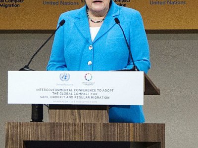 La chancelière allemande Angela Merkel s'exprime durant la conférence des Nations unies sur les migrations, le 10 décembre 2018 à Marrakech (Maroc) - Fadel SENNA [AFP]