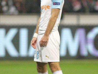 L'attaquant de Marseille Valère Germain dépité lors de la lourde défaite à Francfort en Ligue Europa, le 29 novembre 2018 - Daniel ROLAND [AFP/Archives]