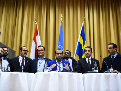 Le chef de la délégation des rebelles Houthis aux pourparlers de Suède, Mohammed Abdelsalam, lors d'une conférence de presse en marge de ces consultations, le 13 décembre 2018 - Jonathan NACKSTRAND [AFP/Archives]