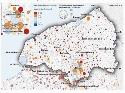 Taux de variation de la population des communes en Seine-Maritime - INSEE